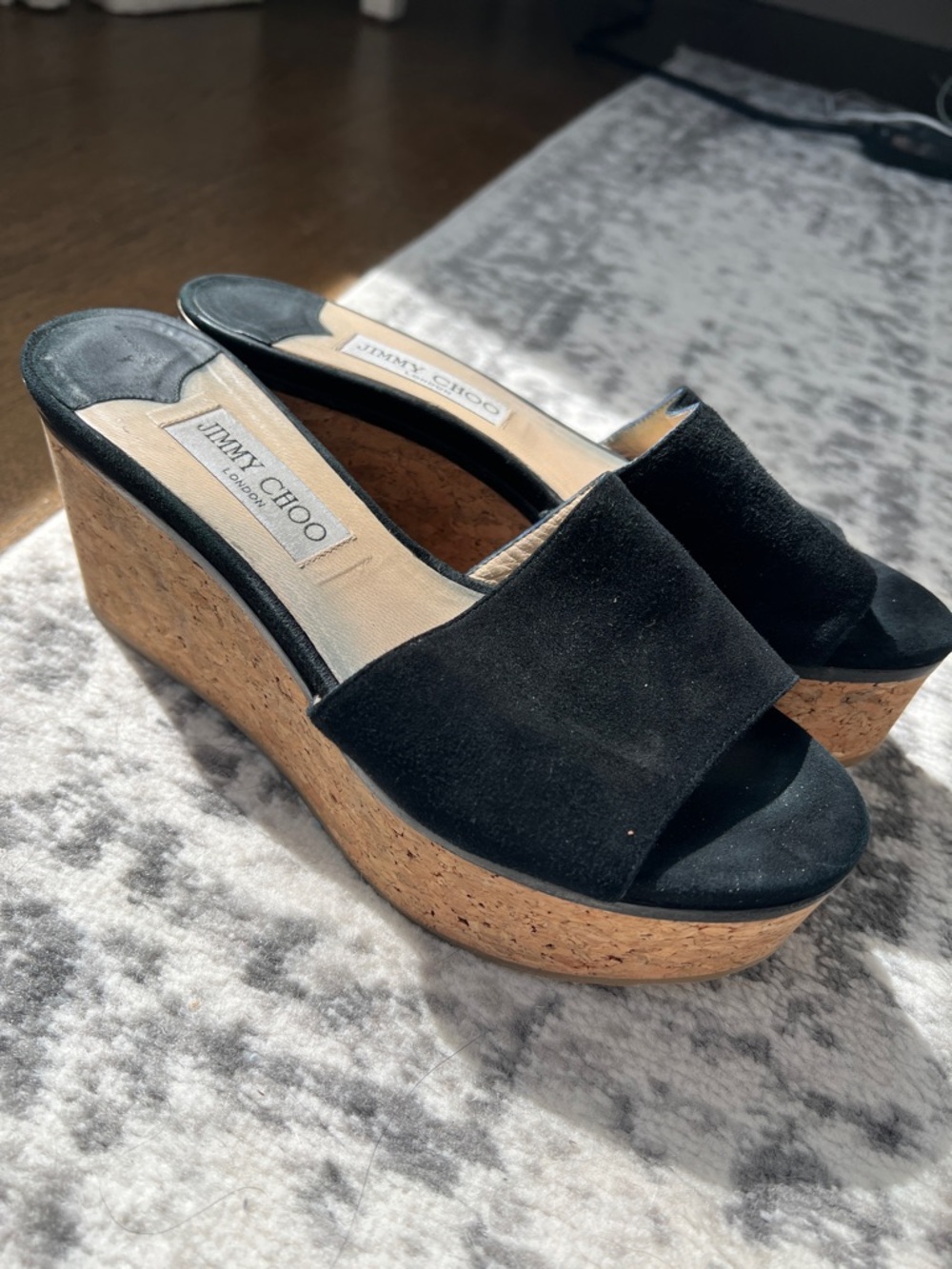Jimmy Choo Black Suede Cork Platform Wedges